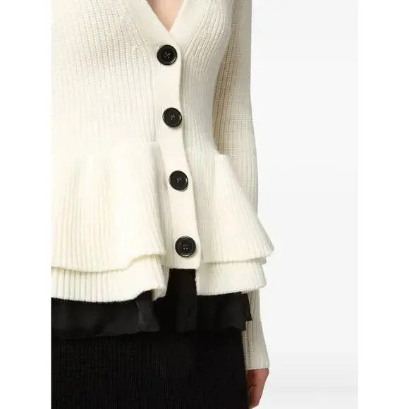 Nina RicciV Neck Layered Mix Ruffled Wool Knit Cardigan in Cream M